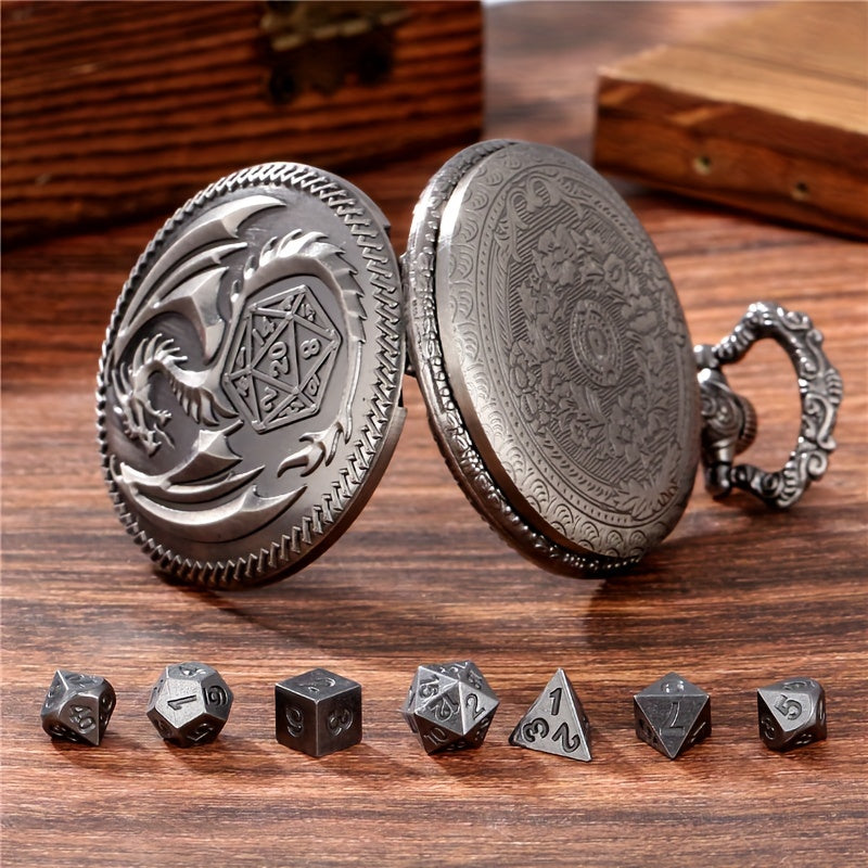Vintage Dragon Alloy Pocket Watch with Chain and 7-Piece Dice Set for Role-Playing Games