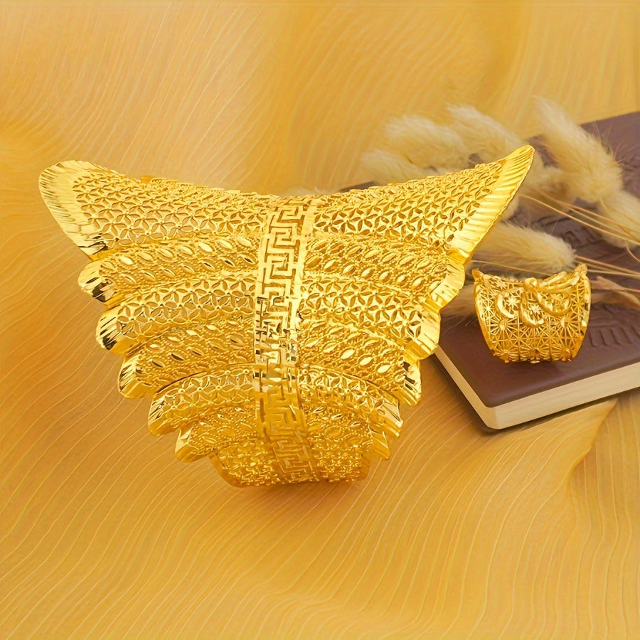 Set of 2 Gold Plated Copper Cuff Bracelets with Rings for Women Boho Chic Jewelry for Weddings Parties Gifts