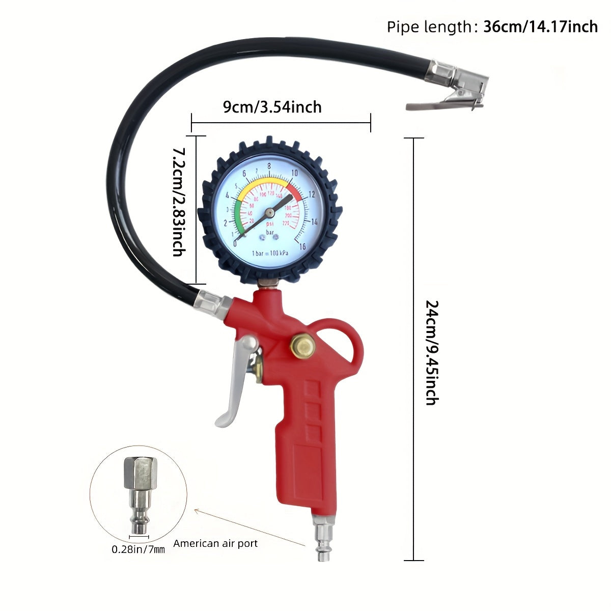 Universal Tire Pressure Gauge Inflator with Rubber Hose and Pressure Measuring