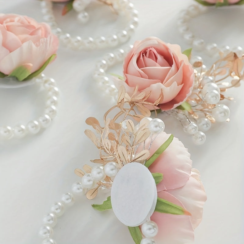 Set of 6 Pink Rose Wrist Corsages with Golden Leaves Beads for Weddings Proms Parties