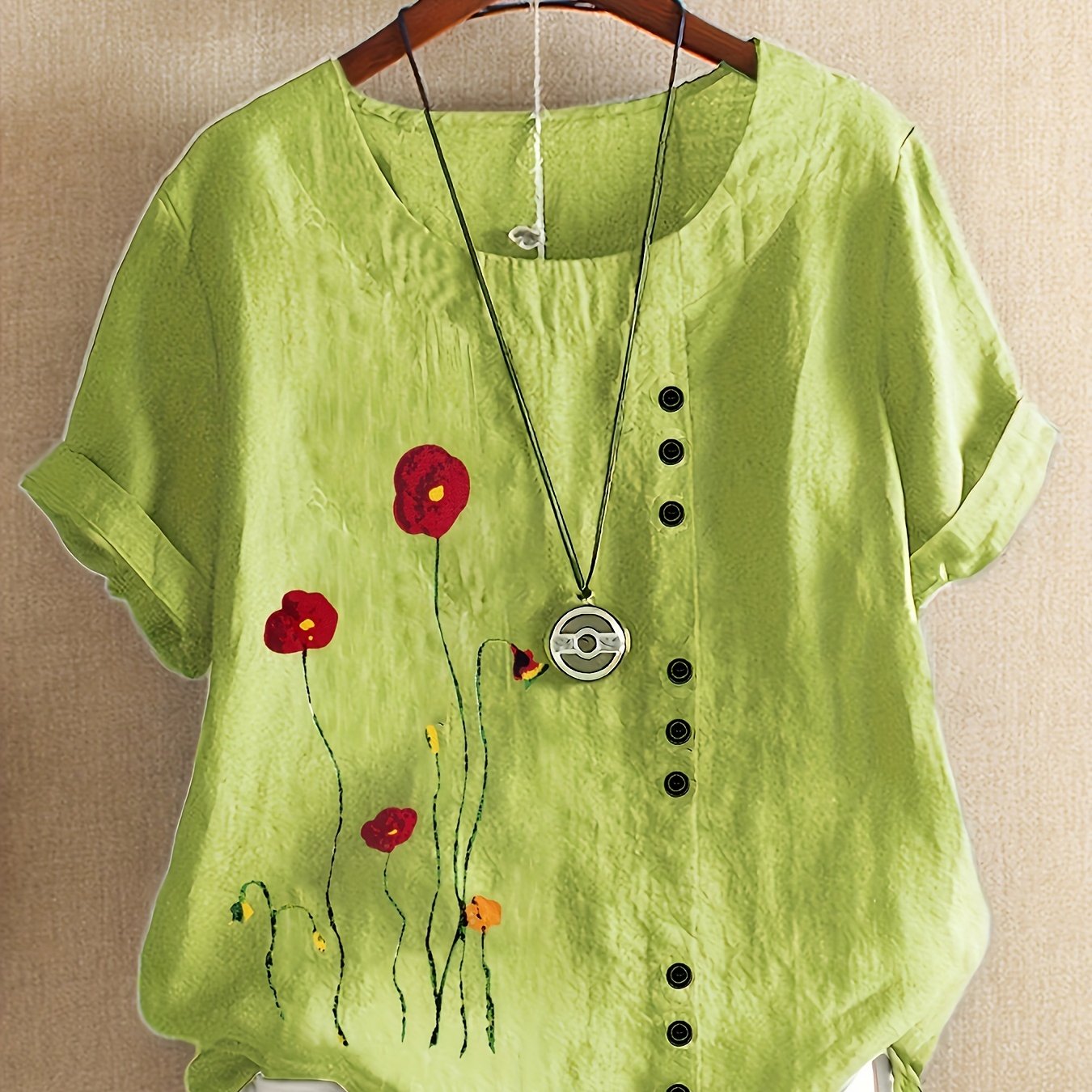 Plus Size Floral Print Blouse Soft Polyester Blend Short Sleeve Casual Top for Women