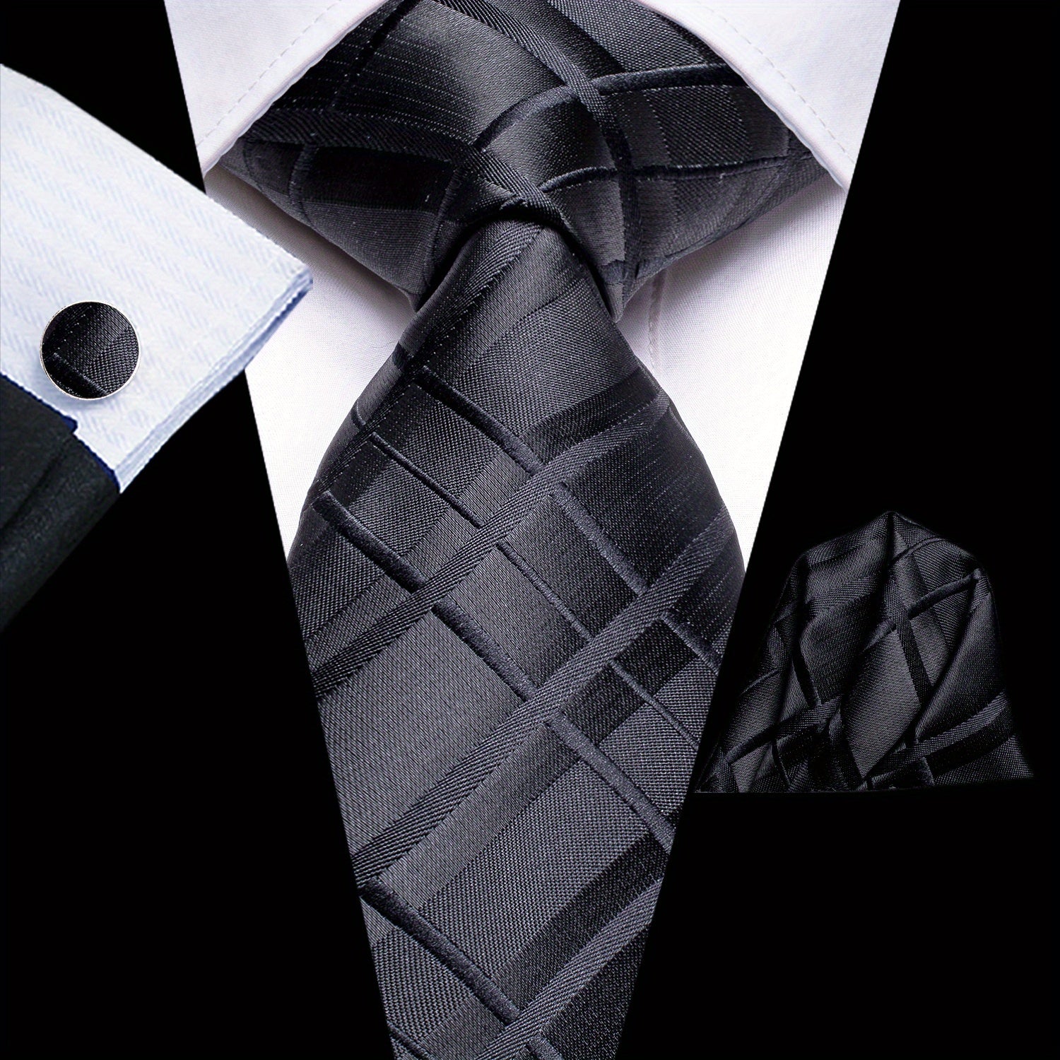 Men's Jacquard Woven Black Tie Set with Cufflinks and Hanky for Weddings and Business