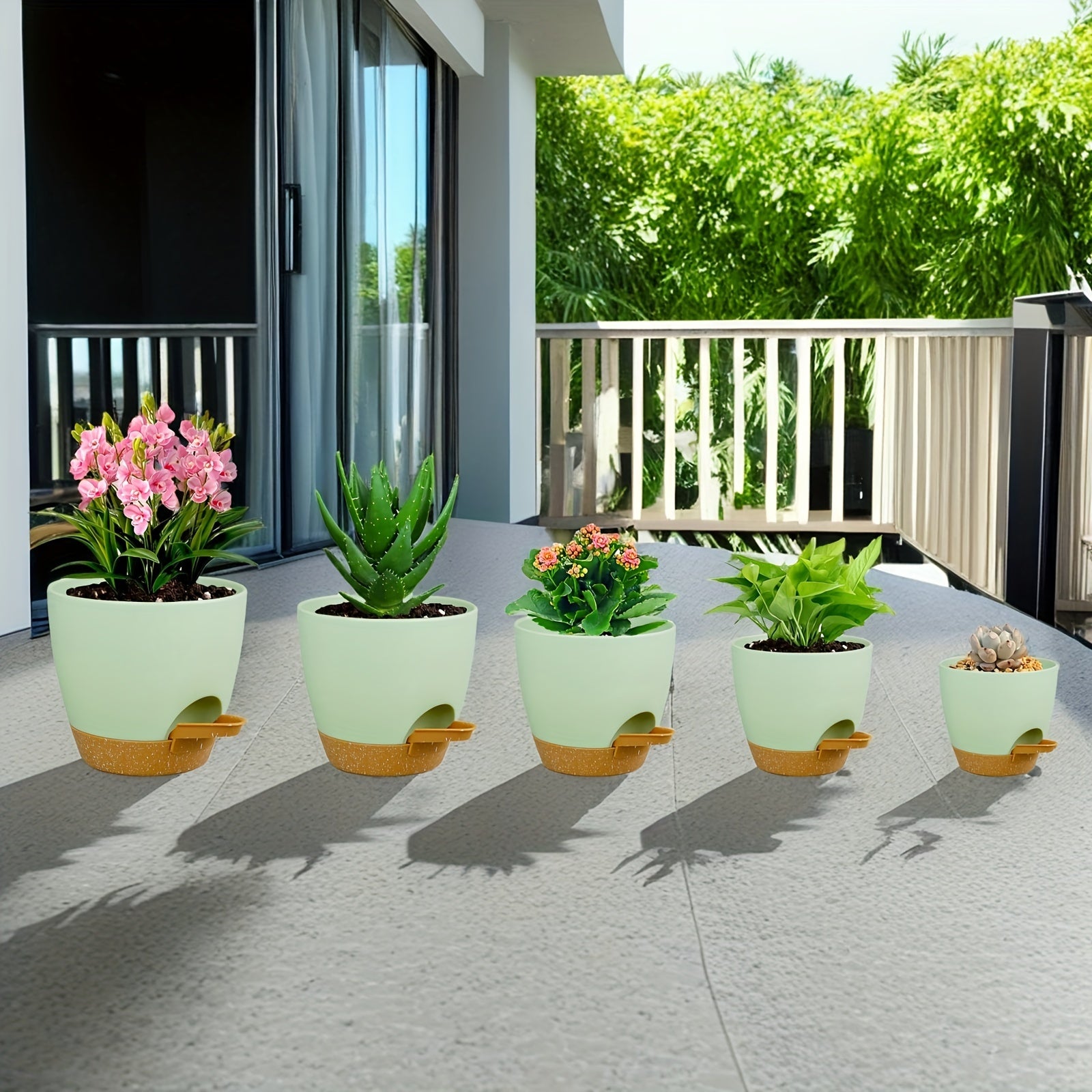Self-Watering Plant Pots Set of 5 Minimalist Plastic Indoor Outdoor Garden Containers
