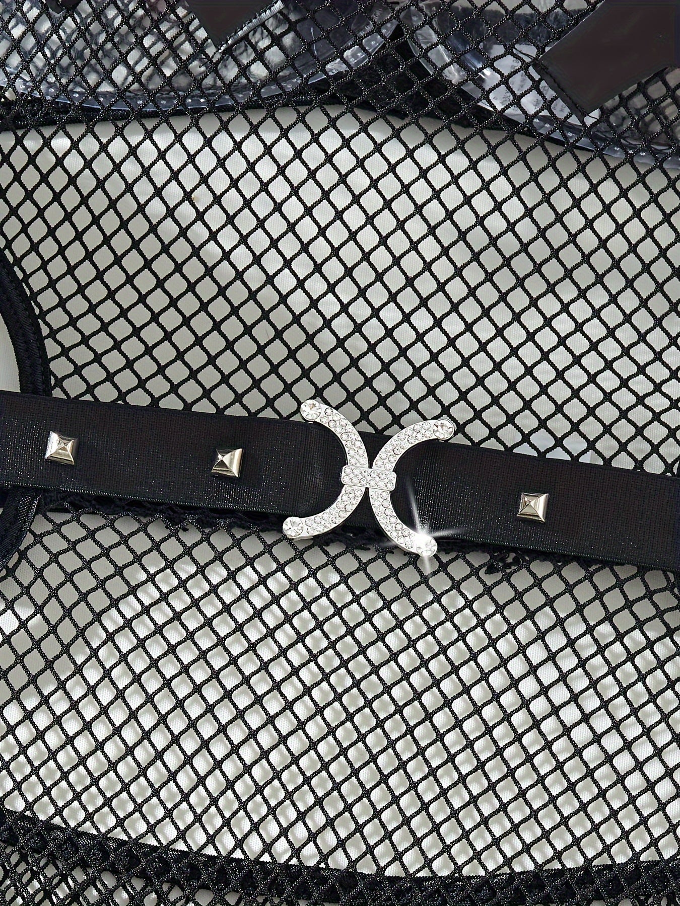 Black Mesh Bodysuit for Women with Bow Detail and Adjustable Straps