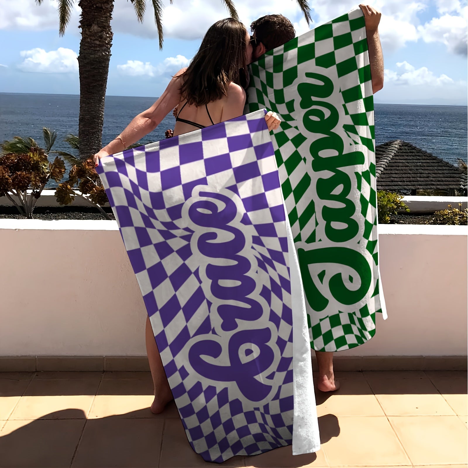 Customized Lattice Pattern Beach Towel with Name Quick-Drying and Absorbent for Beach Swimming Camping