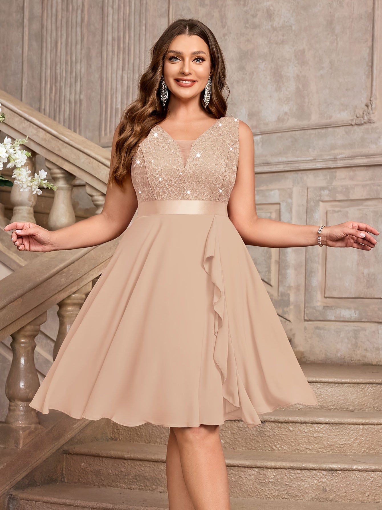 Vestido de gasa sin mangas con escote en V de talla grande, con volante de encaje en el dobladillo para mujer