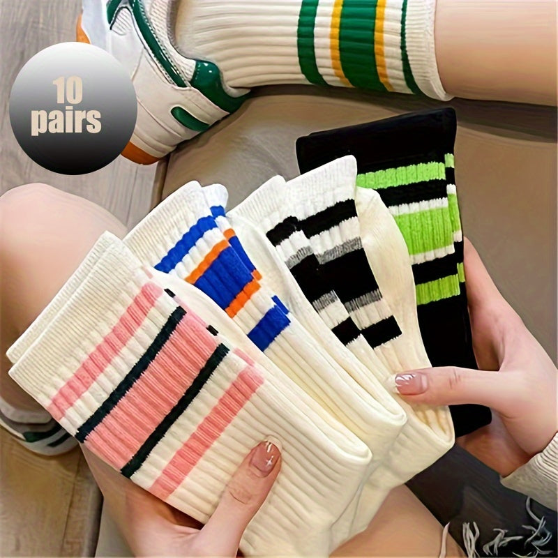 Women's Breathable Striped Mid Tube Socks 5 Pairs Knee-High Knit Polyester