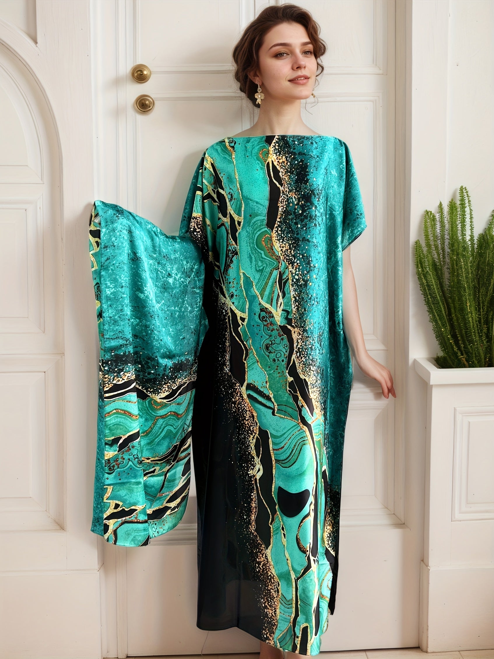 Plus Size Women's Maxi Dress Flowy Formal Casual Emerald Green Geometric Print