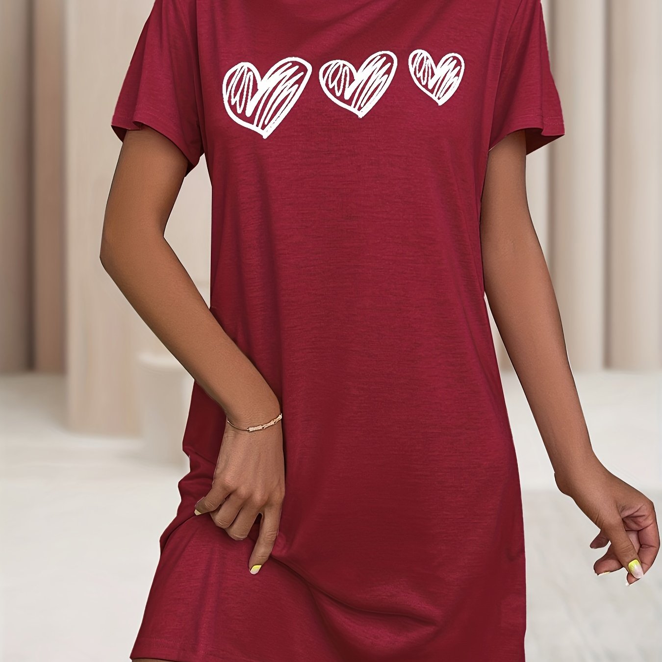 Women's Heart Pattern Sleep Dress Soft Stretchy Short Sleeve Nightgown