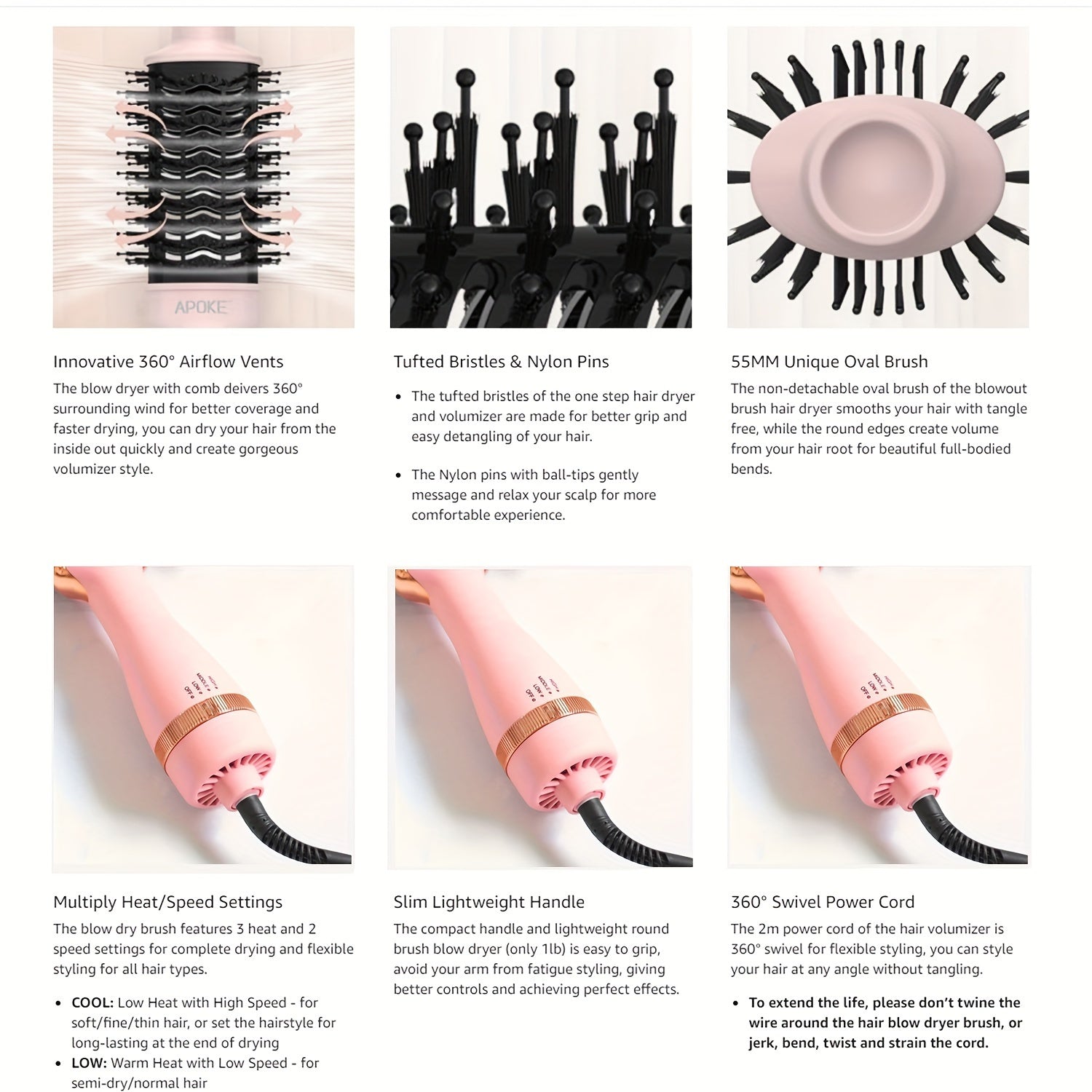 3-в-1 фен и стайлер для волос с регулируемой температурой, функциями быстрой сушки, завивки и выпрямления, розовая резиновая отделка, европейская вилка стандарта