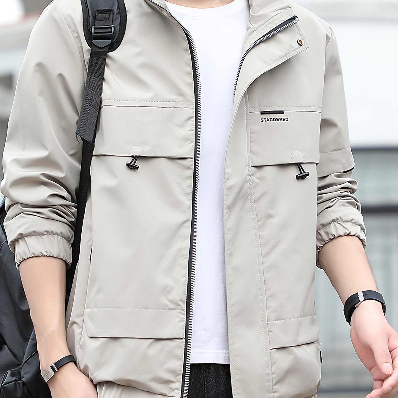 Erkaklar uchun Temir Dara OBM Kargo Jaketi - Bej, Mustahkam Polyester Aralashmasi, Bir Necha Cho'ntakli, Tasodifiy va Tashqi Kiymish uchun Zip-Up Palto