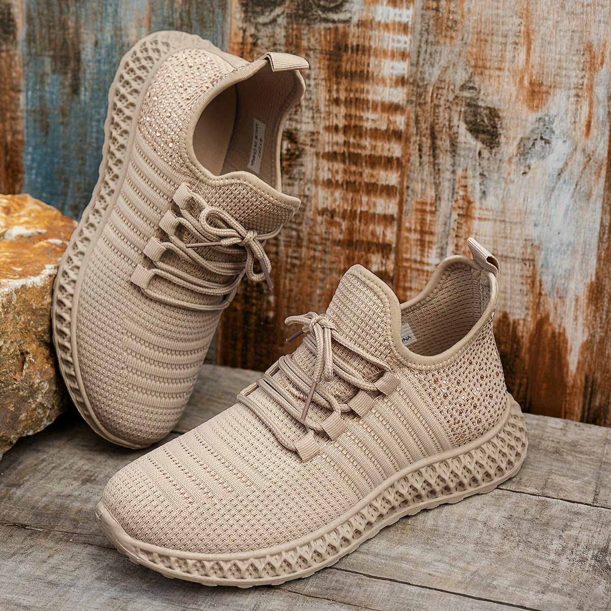 Women's Breathable Knit Sneakers - Lace-Up Walking Shoes with Height Boost