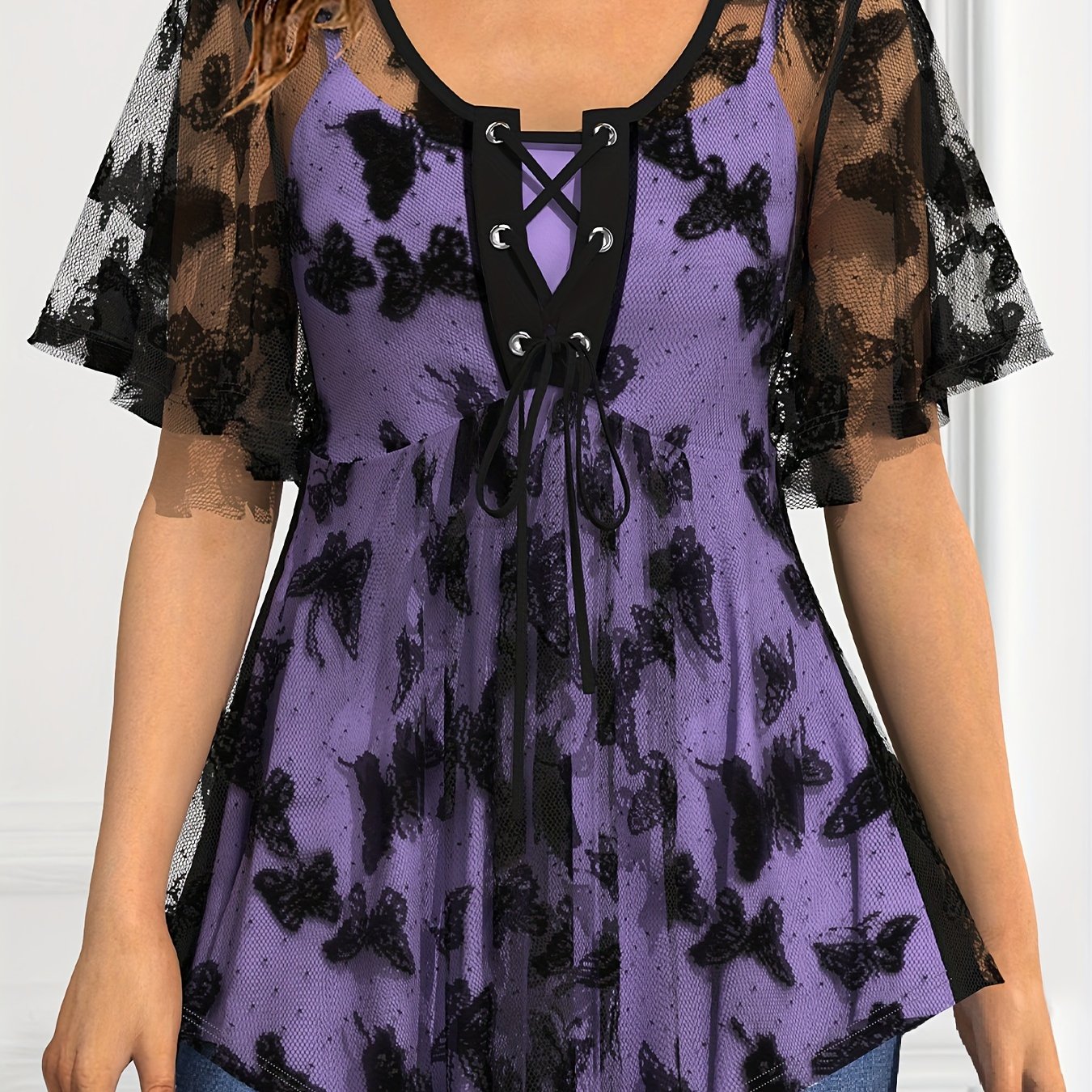 Women's Plus Size Butterfly Pattern Short Sleeve Top Lace Up Lace Top