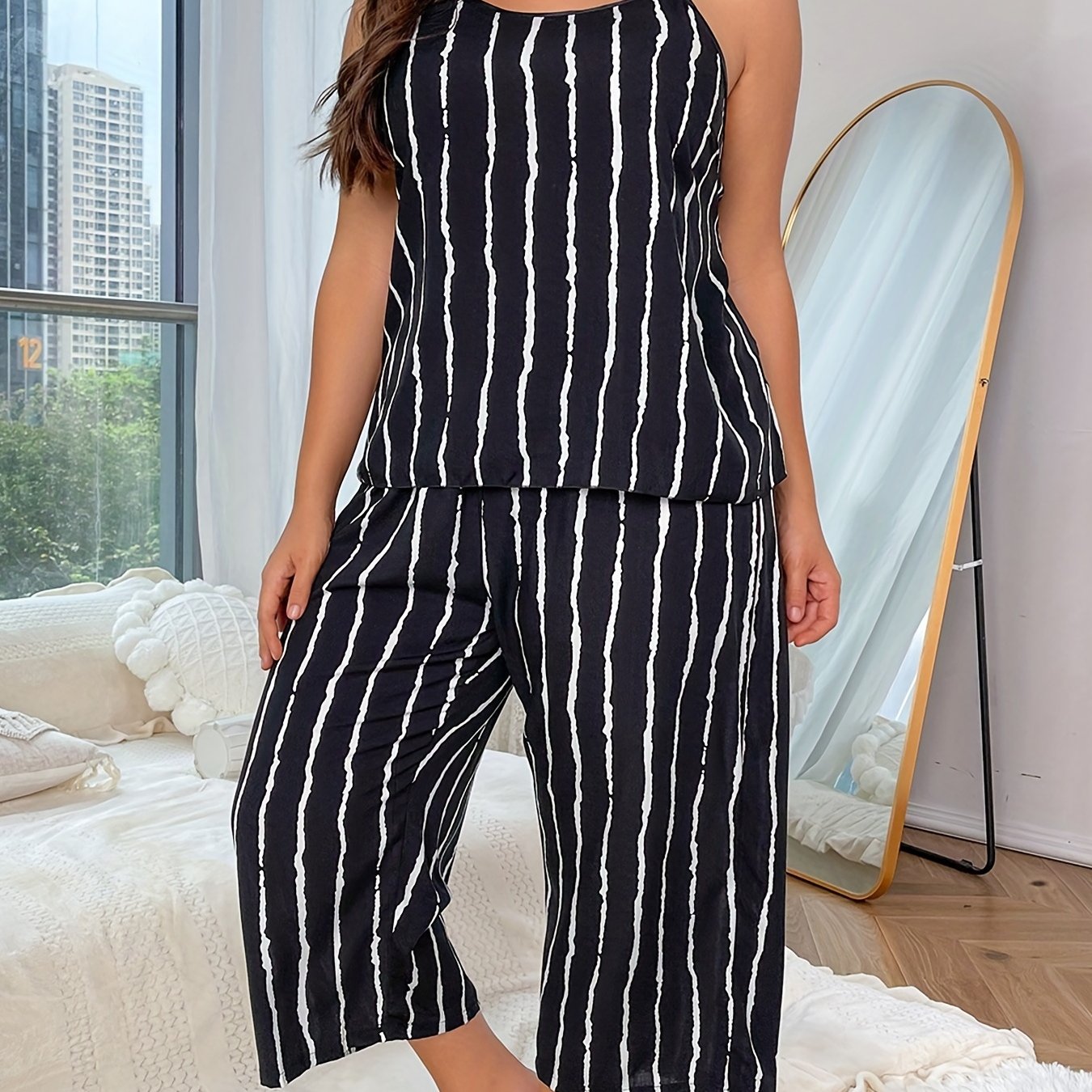 Women's Black and White Striped Plus Size Suspender Skirt Set