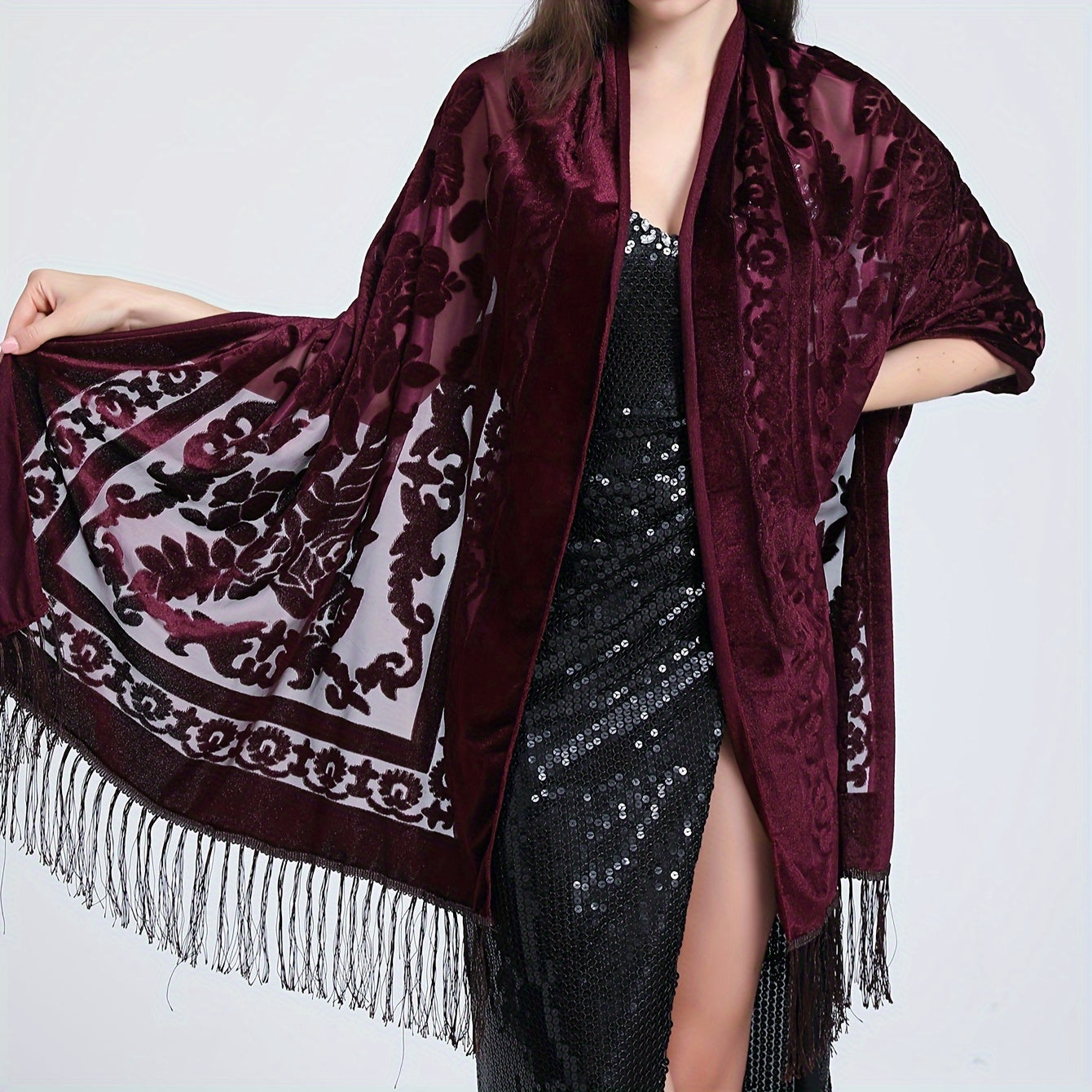 Black Floral Lace Shawl with Tassels and Rose Pattern for Evening Events