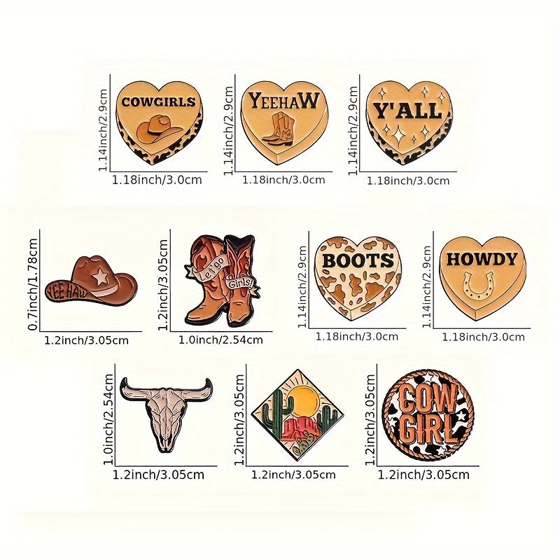 10 ta Gʻarbiy Kovboy emal pinlar to'plami, Qo'ylar bilan Oyoq kiyimlari va Yeehaw ramzlari bilan, Sumkalar, shapka va shartlar uchun