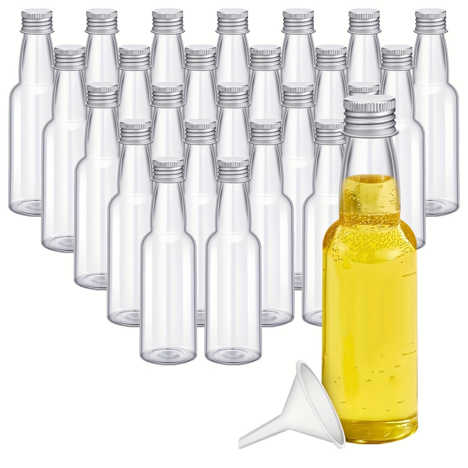Set of 24 Reusable PET Plastic Juice Bottles 60ml 100ml 150ml with Lids and Funnel