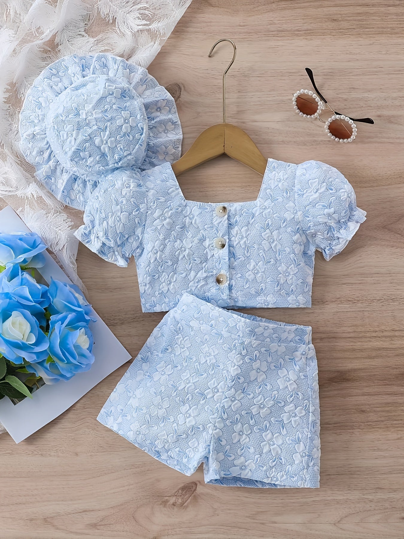 Women's Summer Set Light Blue Floral Print 3-Piece Outfit with Skirt Crop Top and Shorts