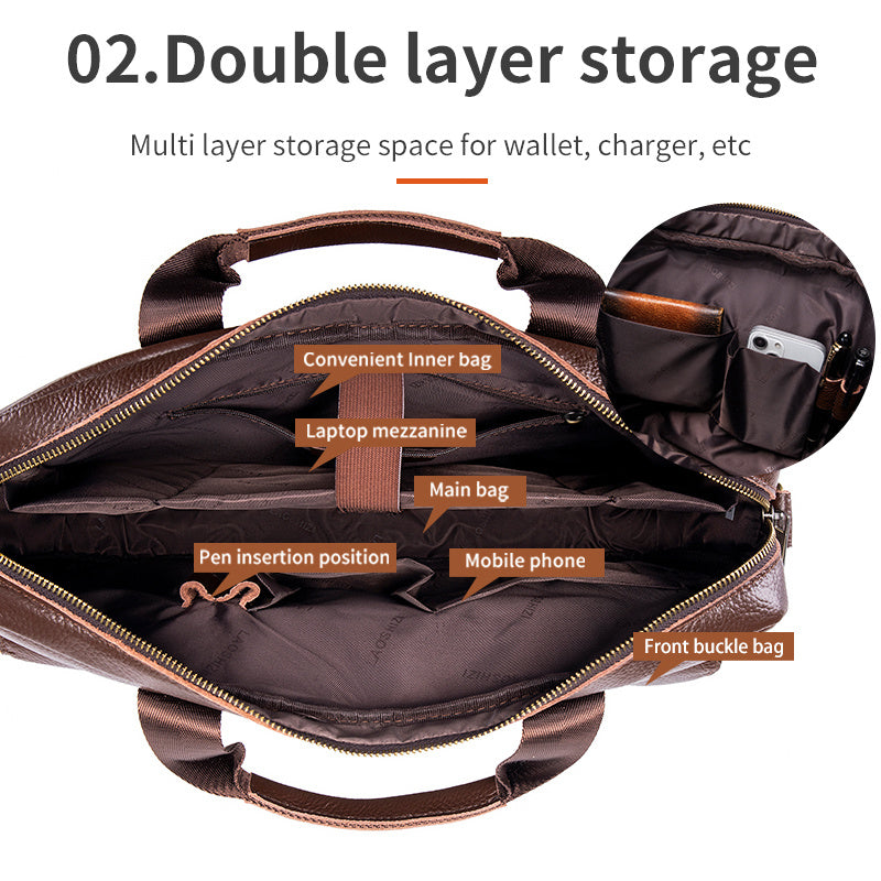 Men's Leather Briefcase with Multiple Compartments and Adjustable Shoulder Strap Coffee