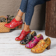 Ayollar uchun Bohemiy gul naqshli baland poshnali qattiq platformali poyabzal Qizil qora pushti sariq