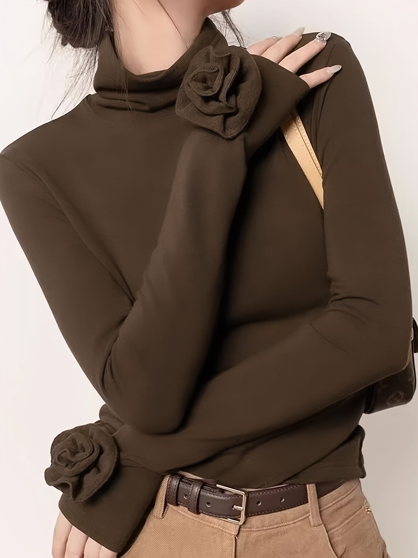 Women's High-Neck T-Shirt with 3D Floral Embellishments Polyester Knit Long Sleeve Solid Color Regular Fit