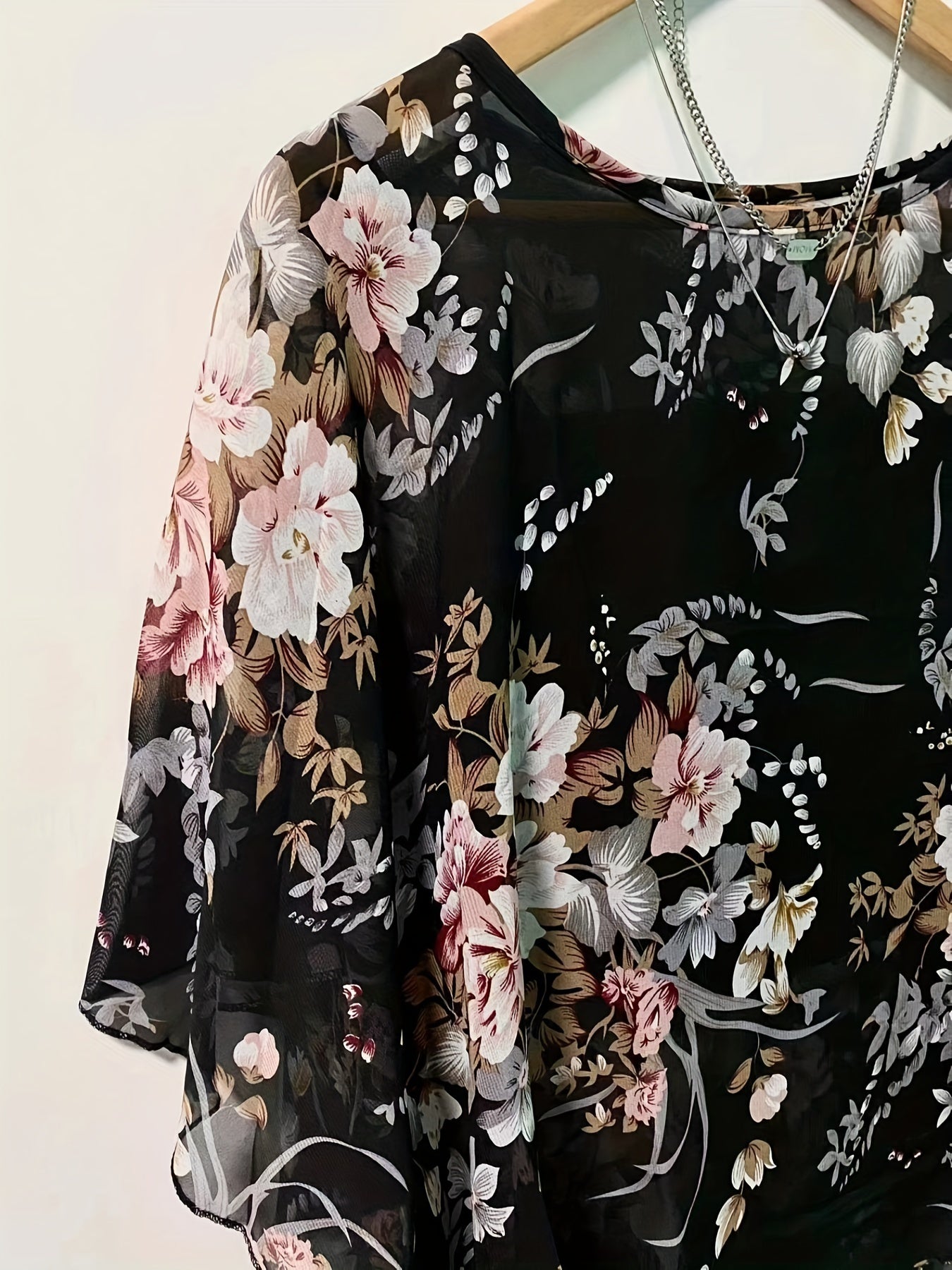 Floral Print Asymmetrical Blouse for Women Sheer Sleeves Sun Protection Beachwear