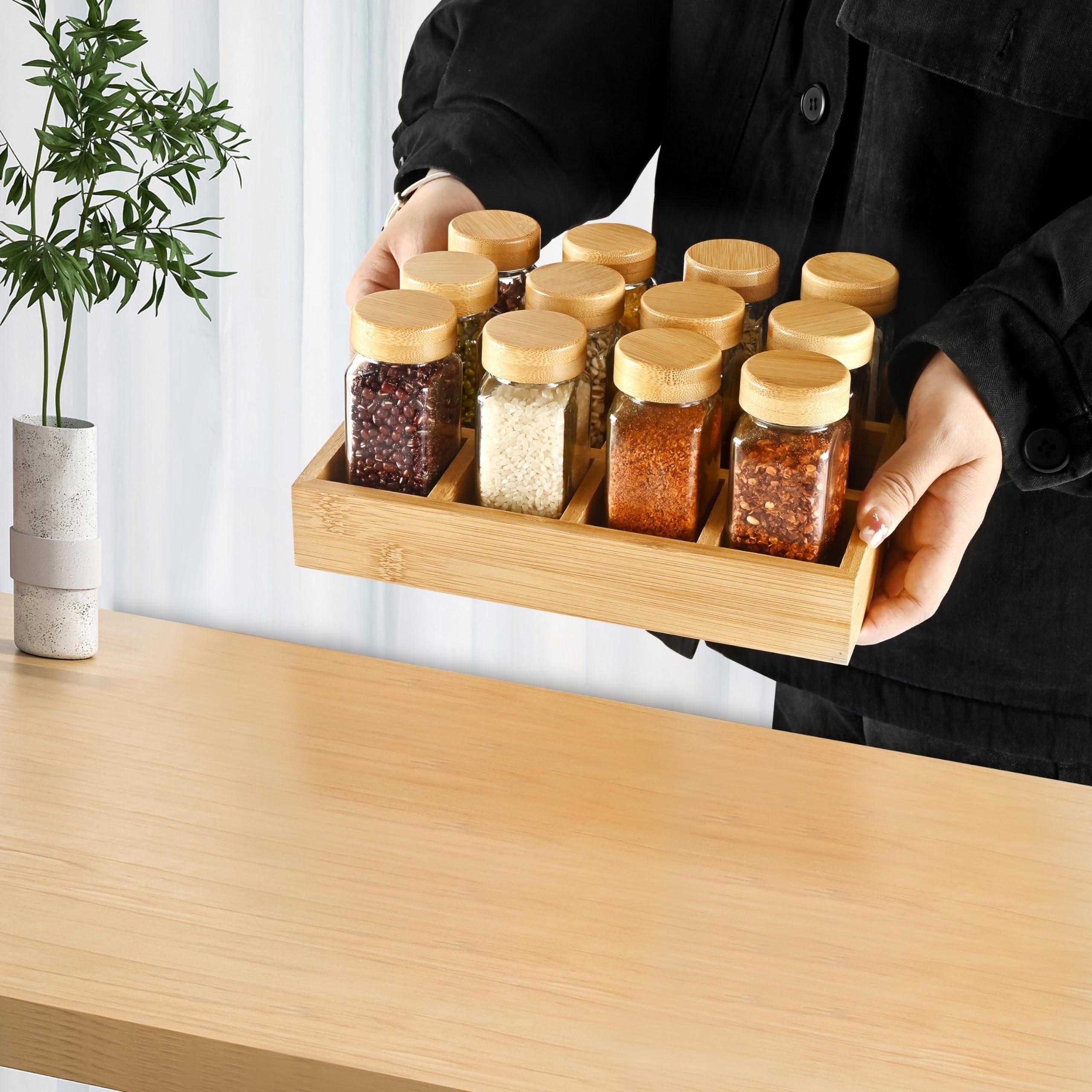 Spice Rack with 12 or 24 Jars Bamboo Lids Drawer Organizer Labels