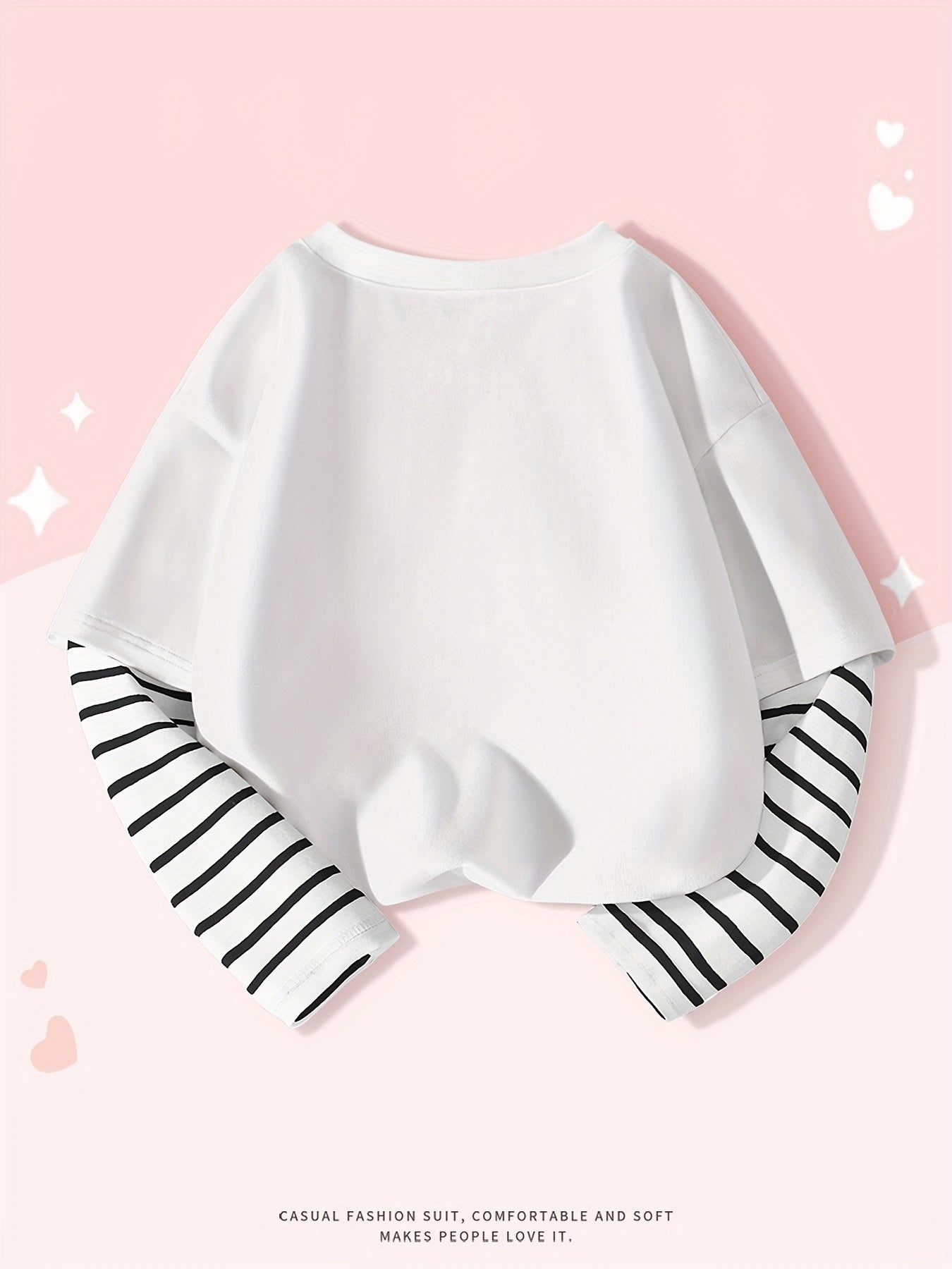 Girls Cotton Long-Sleeve T-Shirt with Cat Print and Striped Cuffs