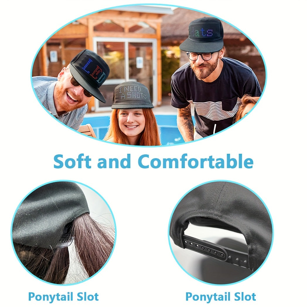 Gorra de béisbol con luz LED y pantalla de matriz a todo color, control por aplicación inalámbrica, mensajes y animaciones personalizables