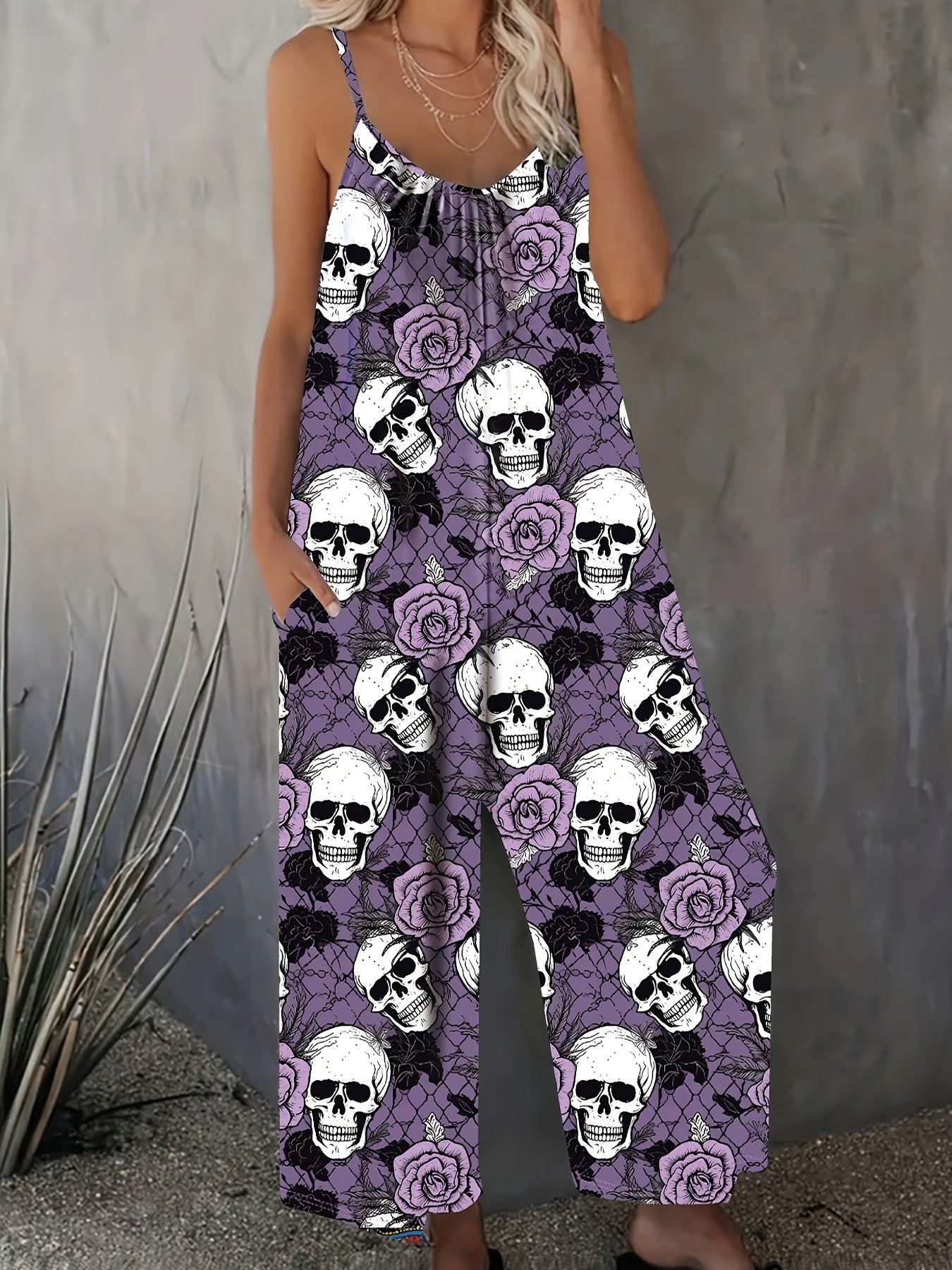 Plus Size Skull Print Slip Jumpsuit Casual Sleeveless Pockets Ruched Women