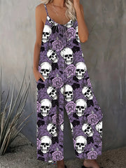 Plus Size Skull Print Slip Jumpsuit Casual Sleeveless Pockets Ruched Women