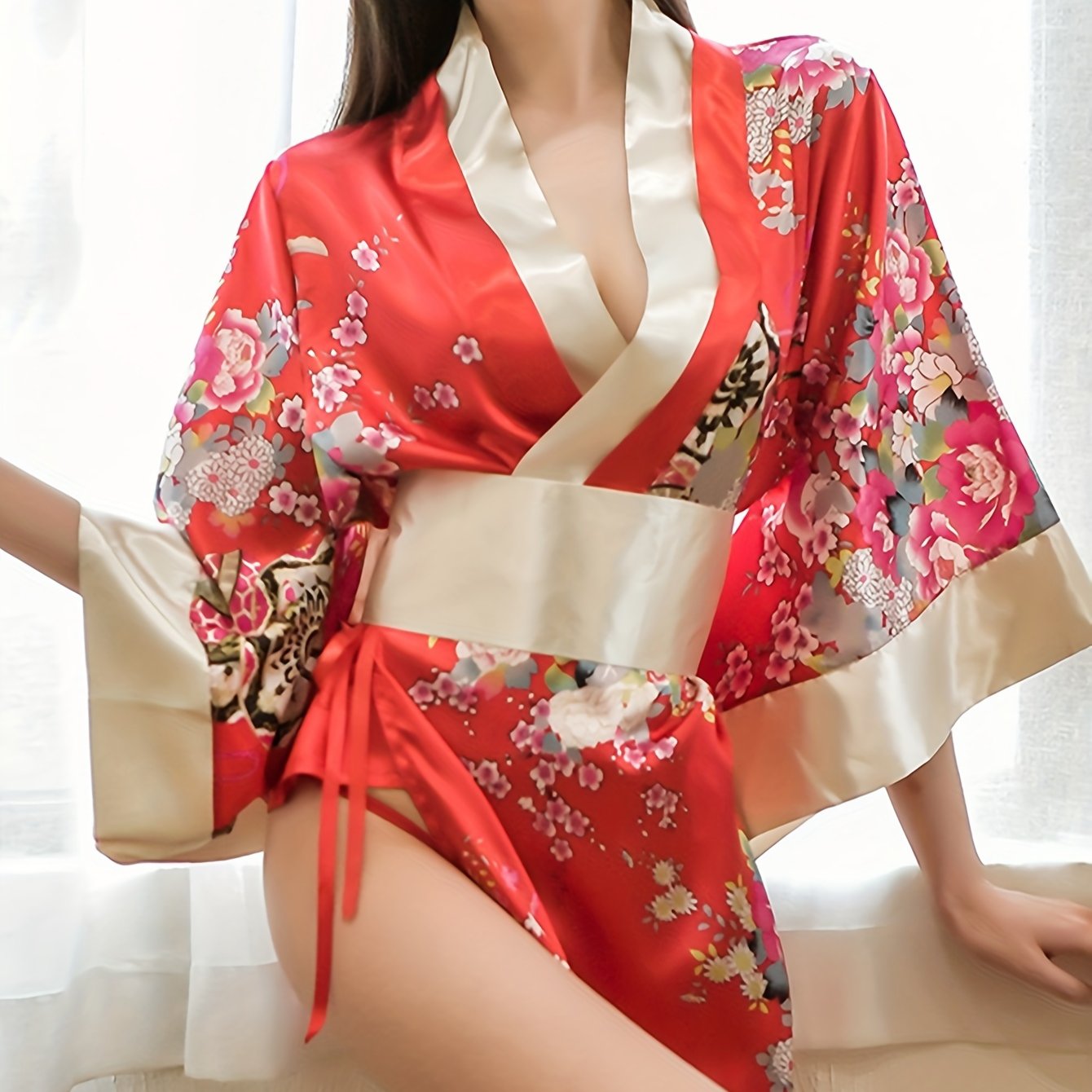 Women's Floral Print Kimono Lingerie Set with Bow Belt and Thong