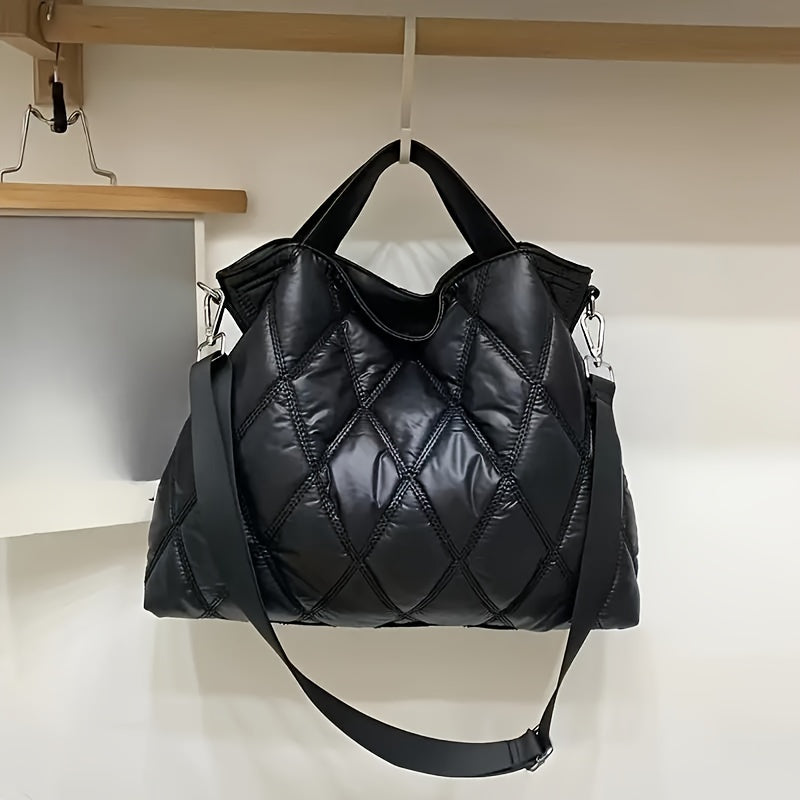 Bolso tote de nylon acolchado para mujer con diseño acolchado y patrón de cuadros