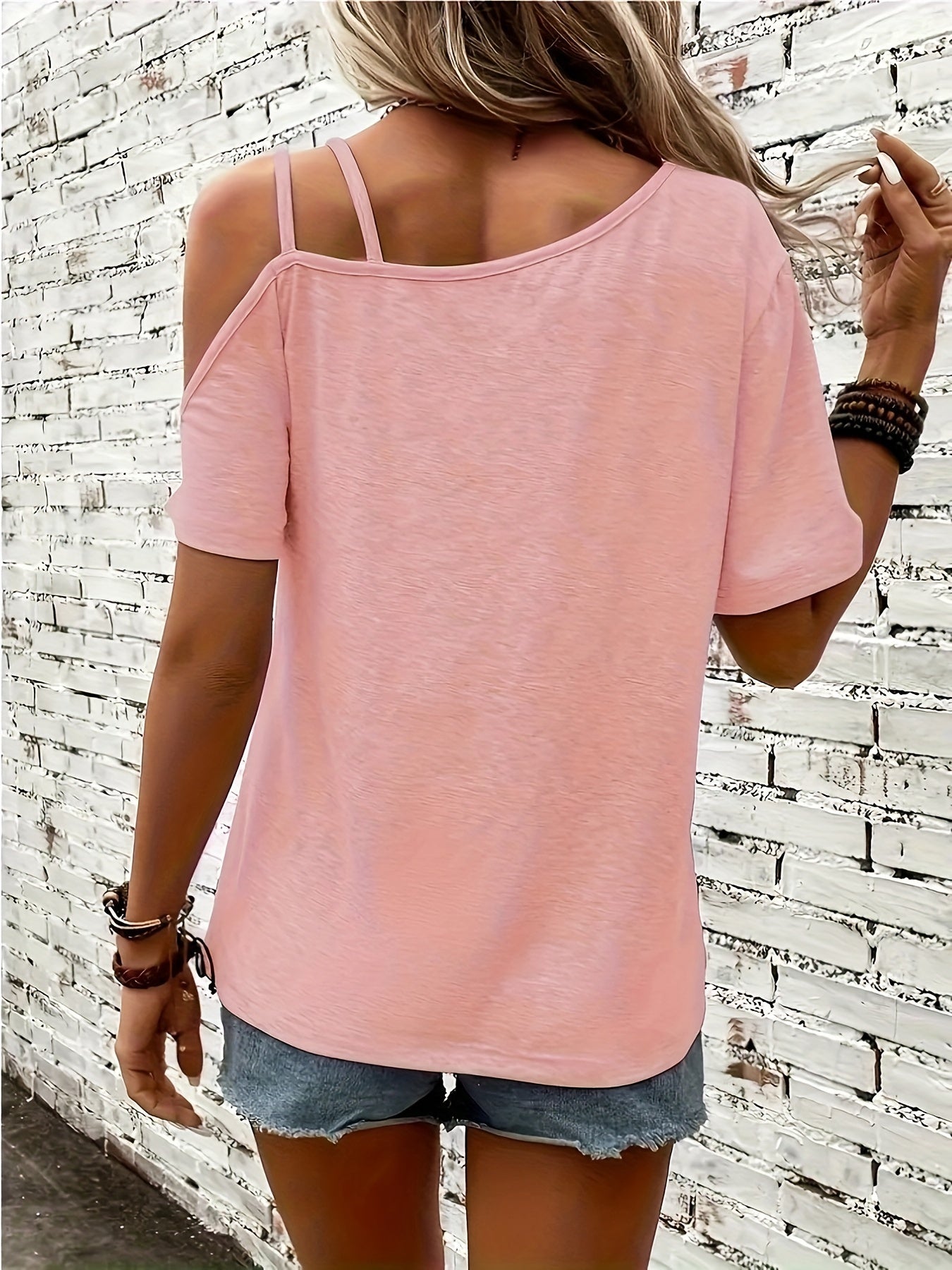 Women's Short Sleeve Heart Print Cold Shoulder Asymmetrical Top