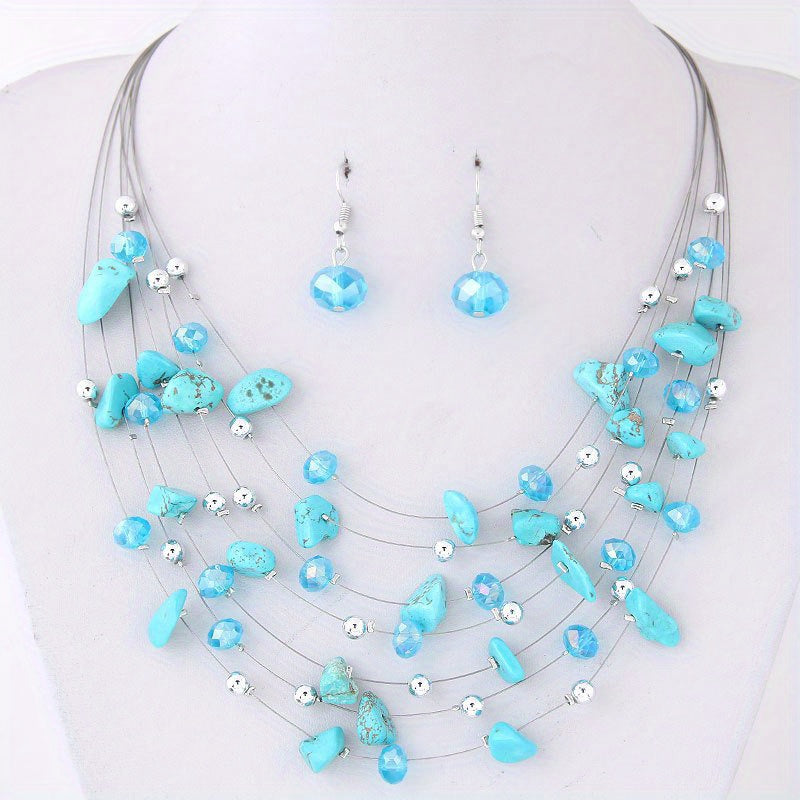 Conjunto de joyería de cristal boho-chic para mujer: collar y pendientes con capas brillantes