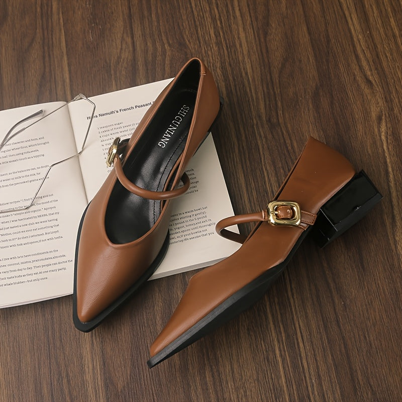 Women’s Faux Leather Mary Jane Pumps with Pointed Toe Mid-Heel