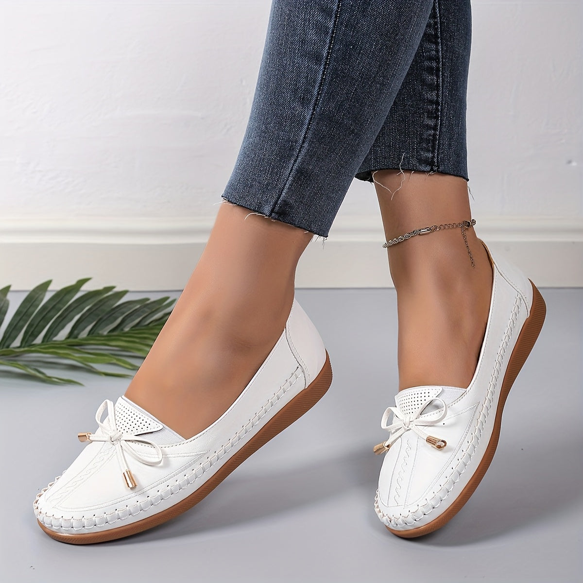 Women's White Faux Leather Slip-On Loafers with Bow Breathable Mesh