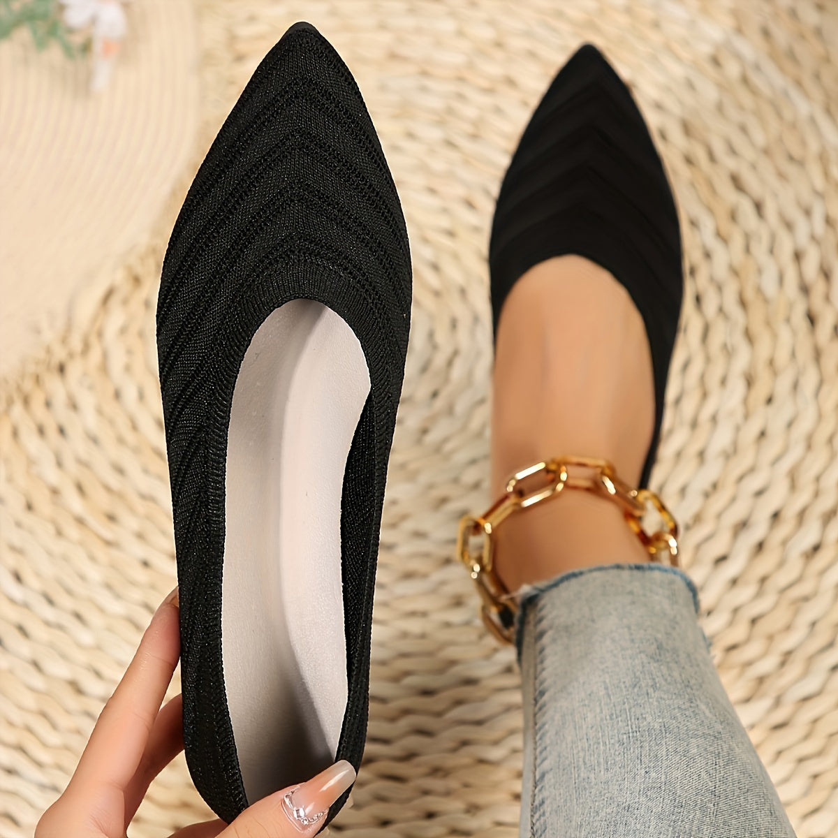 Women's Knitted Slip-On Ballet Flats with Pointed Toe Solid Color Casual All-Season