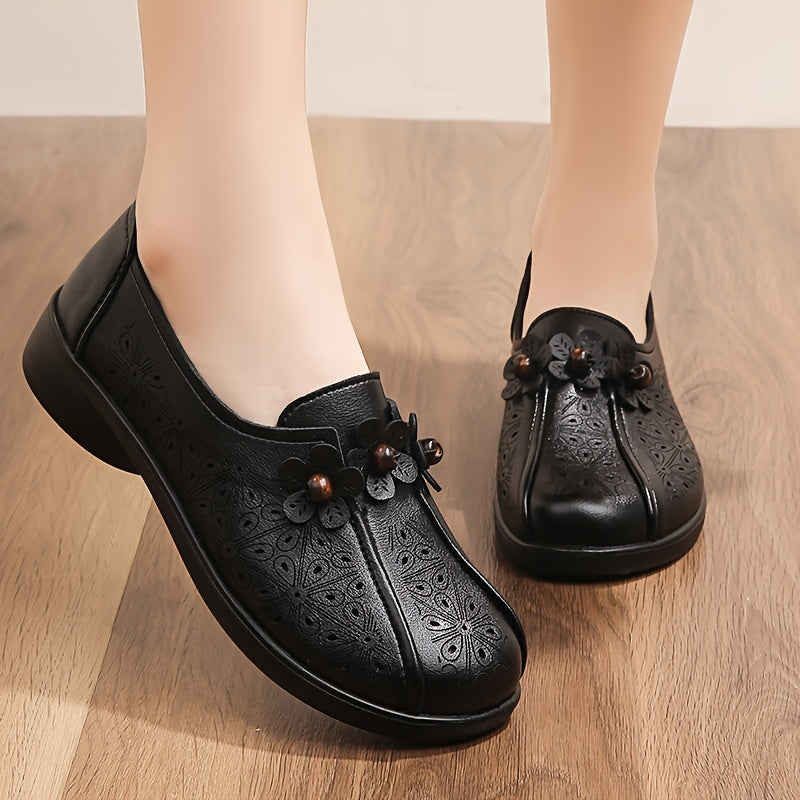 Zapatos casuales femeninos sin cordones con estampado floral, transpirables y sintéticos, en color marrón