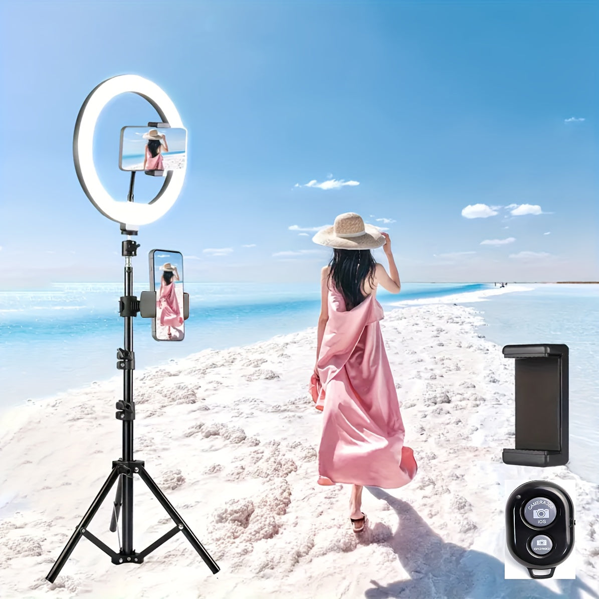 53.54-Inch Selfie Ring Light with Tripod Dual Phone Holders 3 Color Modes 12 Brightness Levels USB Powered