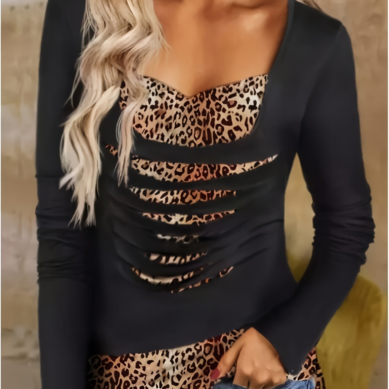 Plus Size Leopard Print T-Shirt Casual Ripped Long Sleeve Women’s Clothing