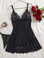 Black Lace Mesh Camisole Sleepwear Set with Deep V Back and Thong Panty
