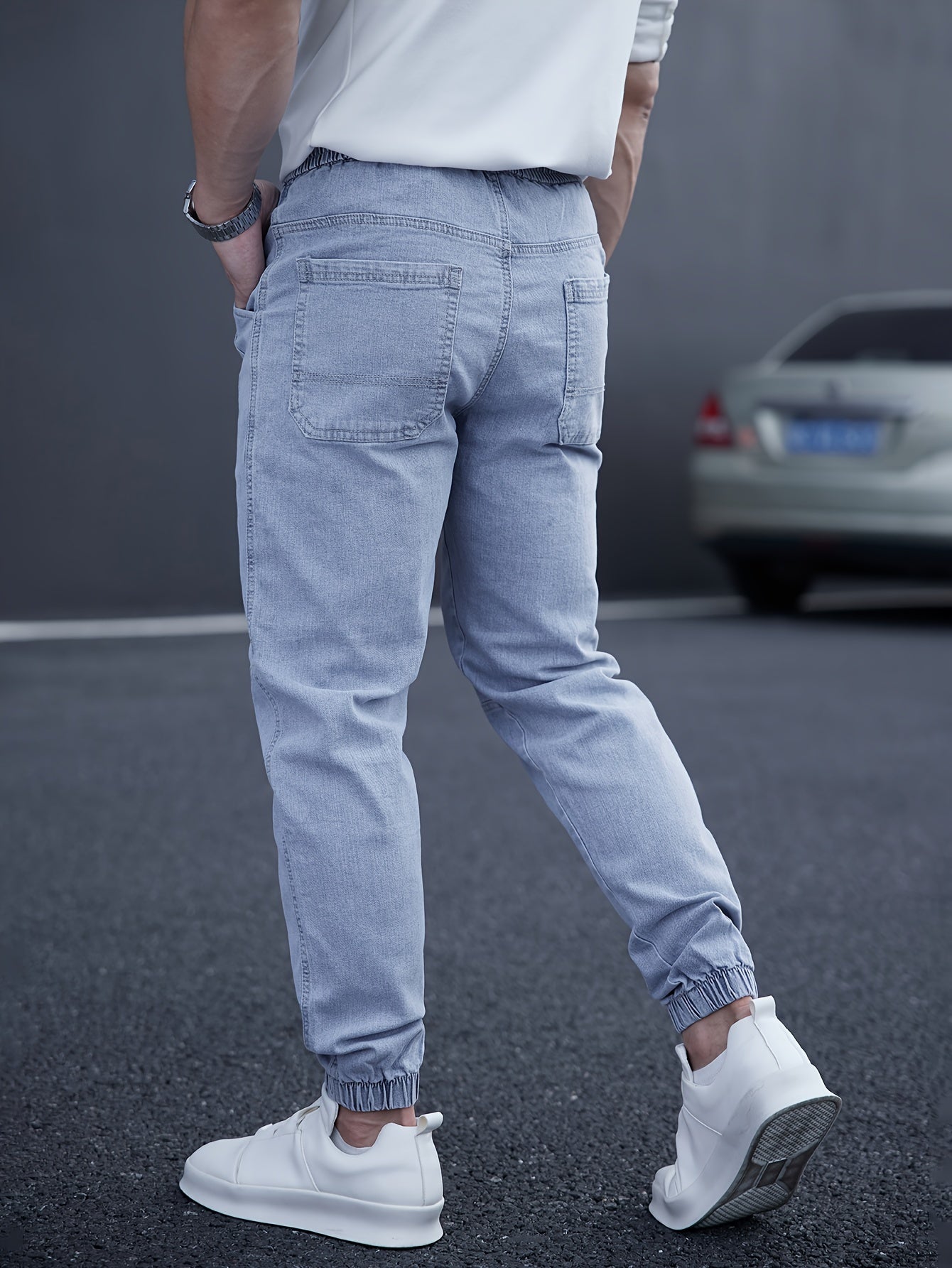 Men's Cropped Denim Tapered Jeans with Waist Drawstring Solid Color Regular Fit
