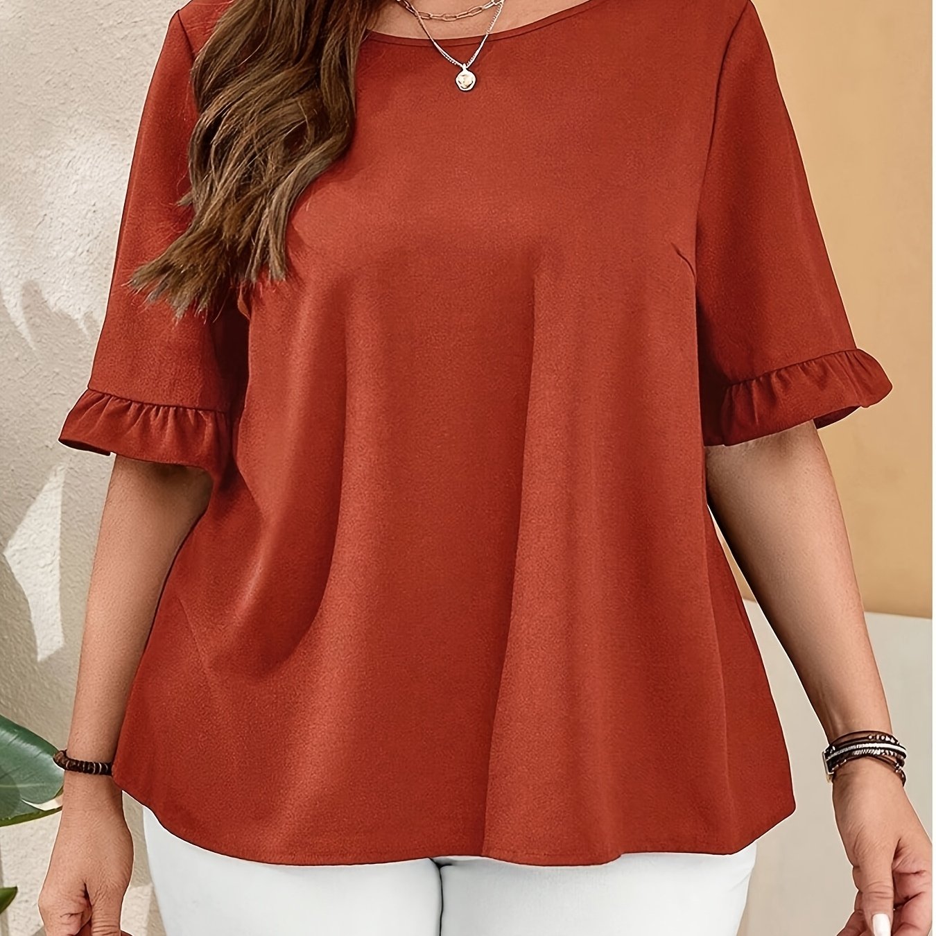 Plus-Size Short Sleeve Ruffle Top for Women Cotton Blouse Size 1X