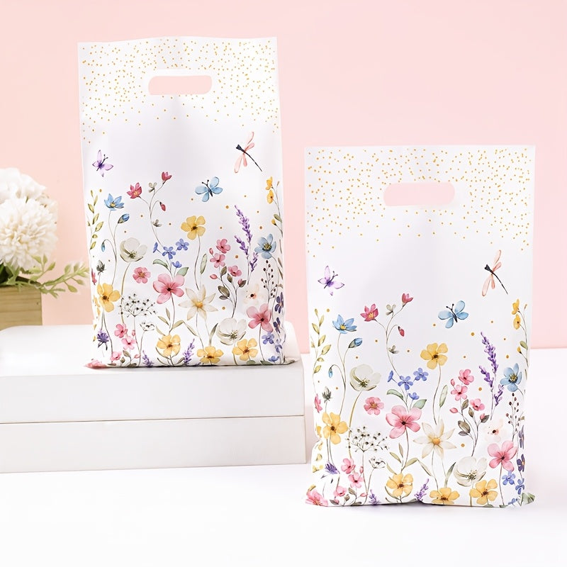 Bolsas de regalo de plástico con diseño de hojas y flores de la temática Wildflowers, set de 10, 25, 50, con asa de punzón