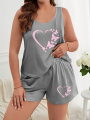 Plus Size Women's Pajama Set Gray Heart Butterfly Print Sleepwear Two Pieces