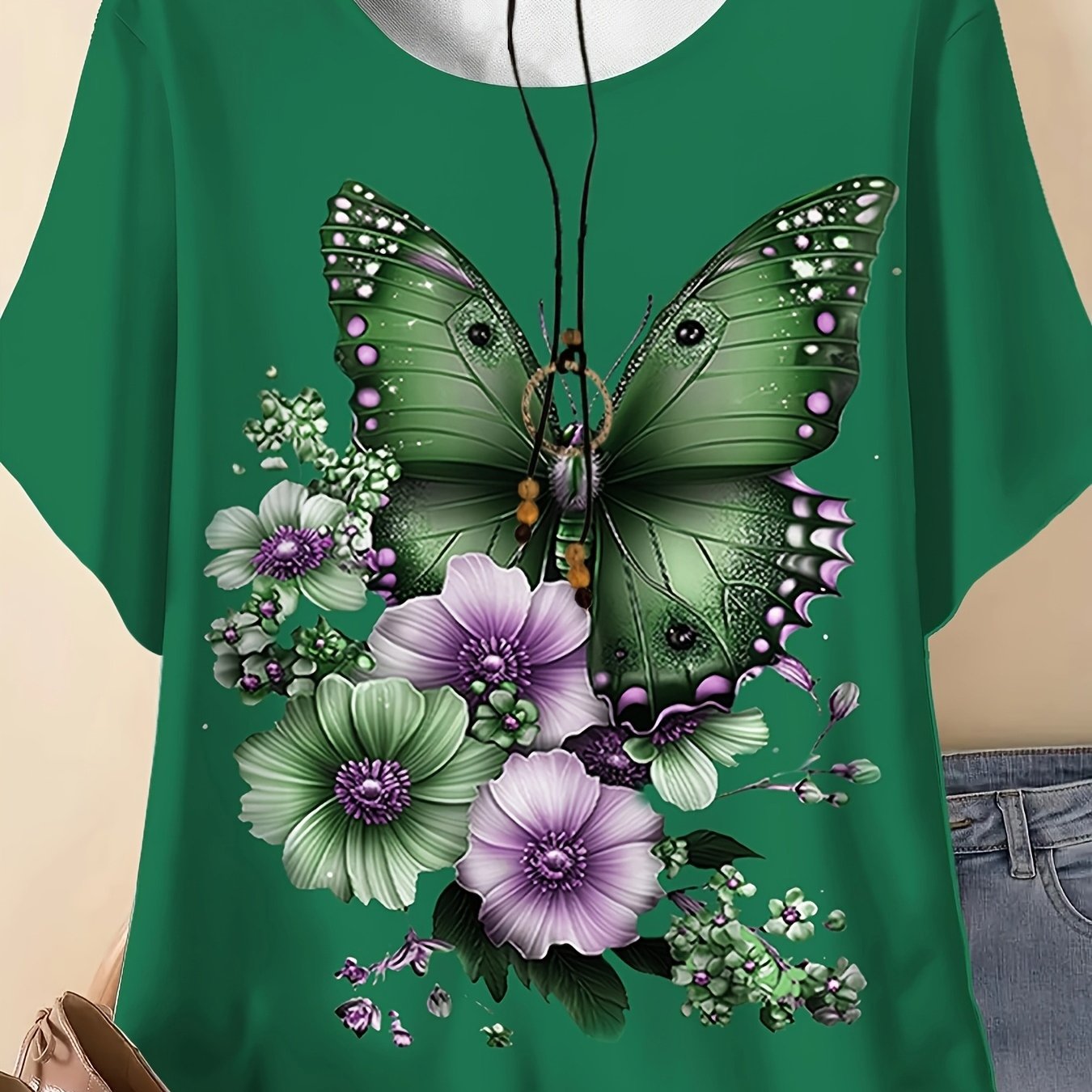 Plus Size Women Floral Print T-Shirt Crew Neck Short Sleeve Summer Top