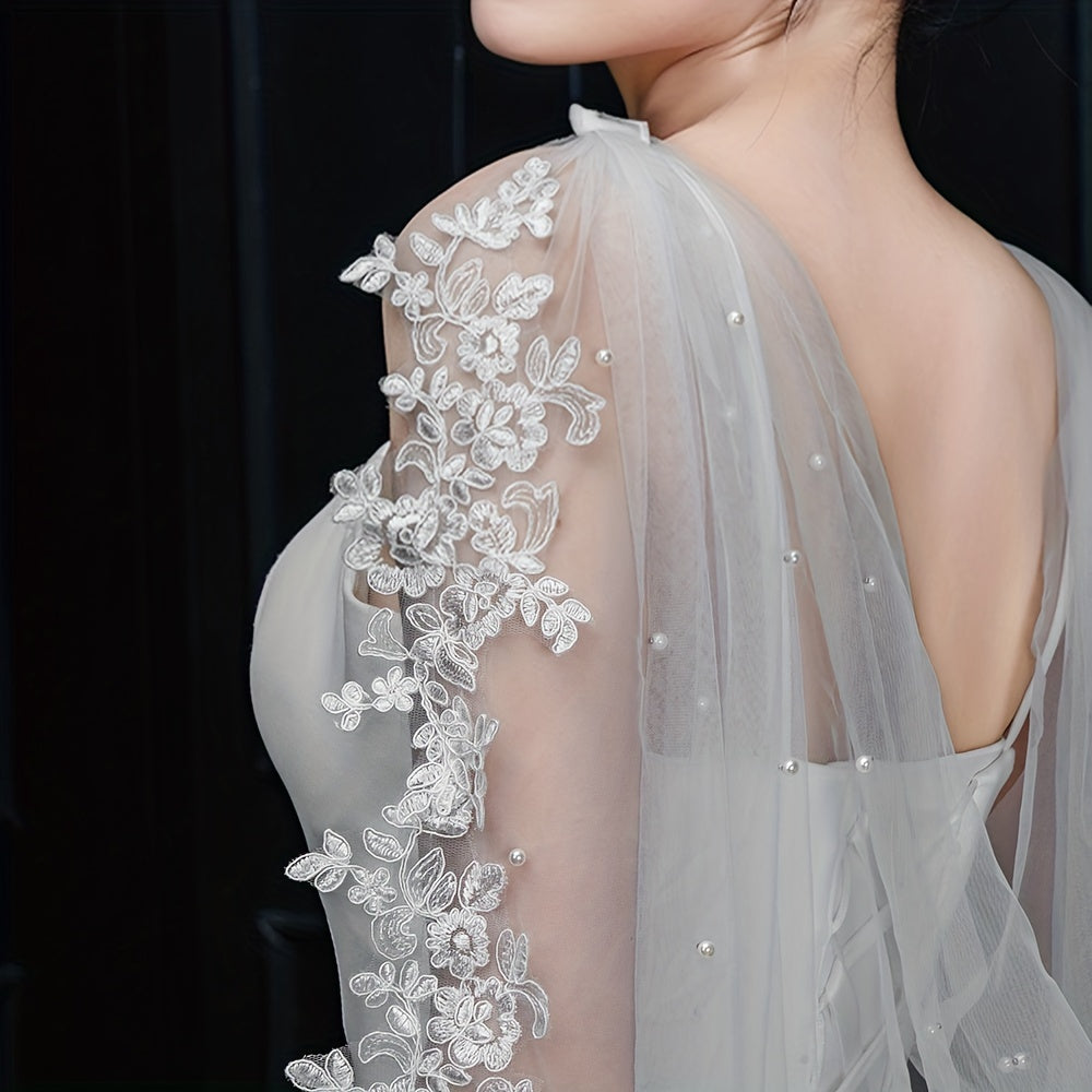Lace Bridal Shawl Cape with Faux Pearl Decoration for Wedding Brides