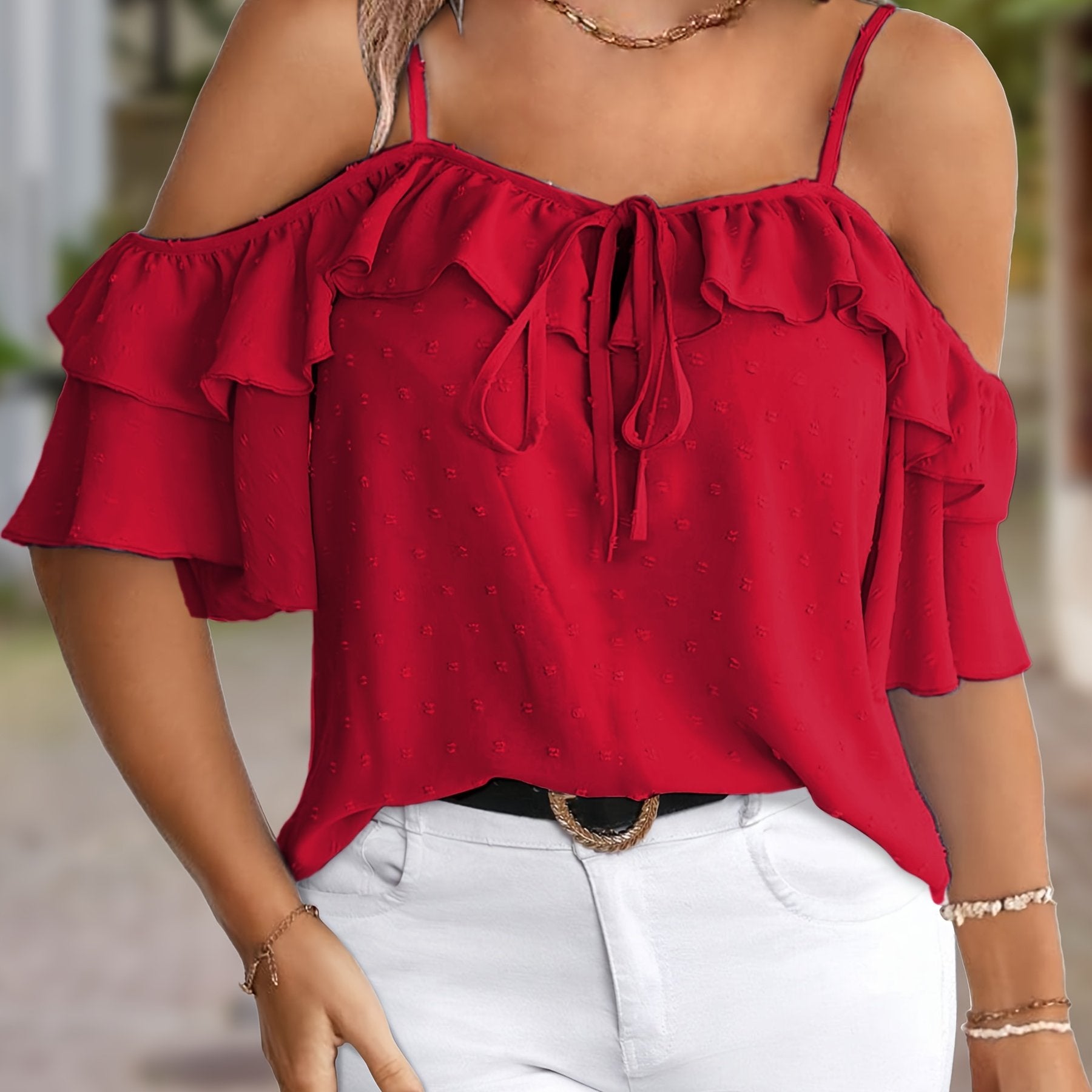 Women's Off-Shoulder Ruffle Blouse with Tie Black Summer Top