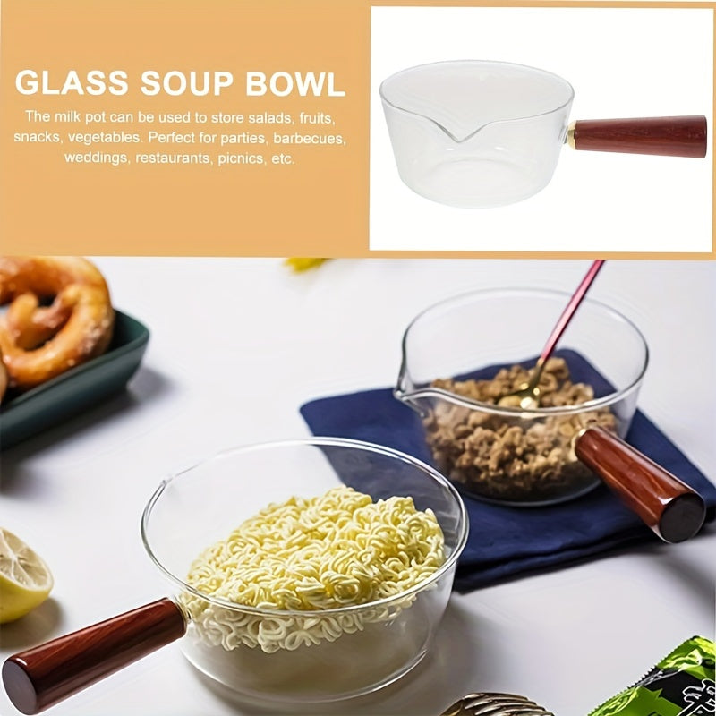 Qizil yog'och tutqichli shisha sut qozoni, yopishmaydigan qopqog' bilan, 450ml yoki 650ml